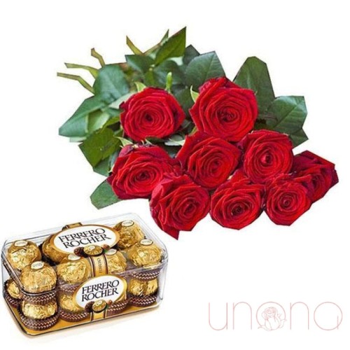 Roses and Ferrero Chocolates (red / premium (imported from Holland))